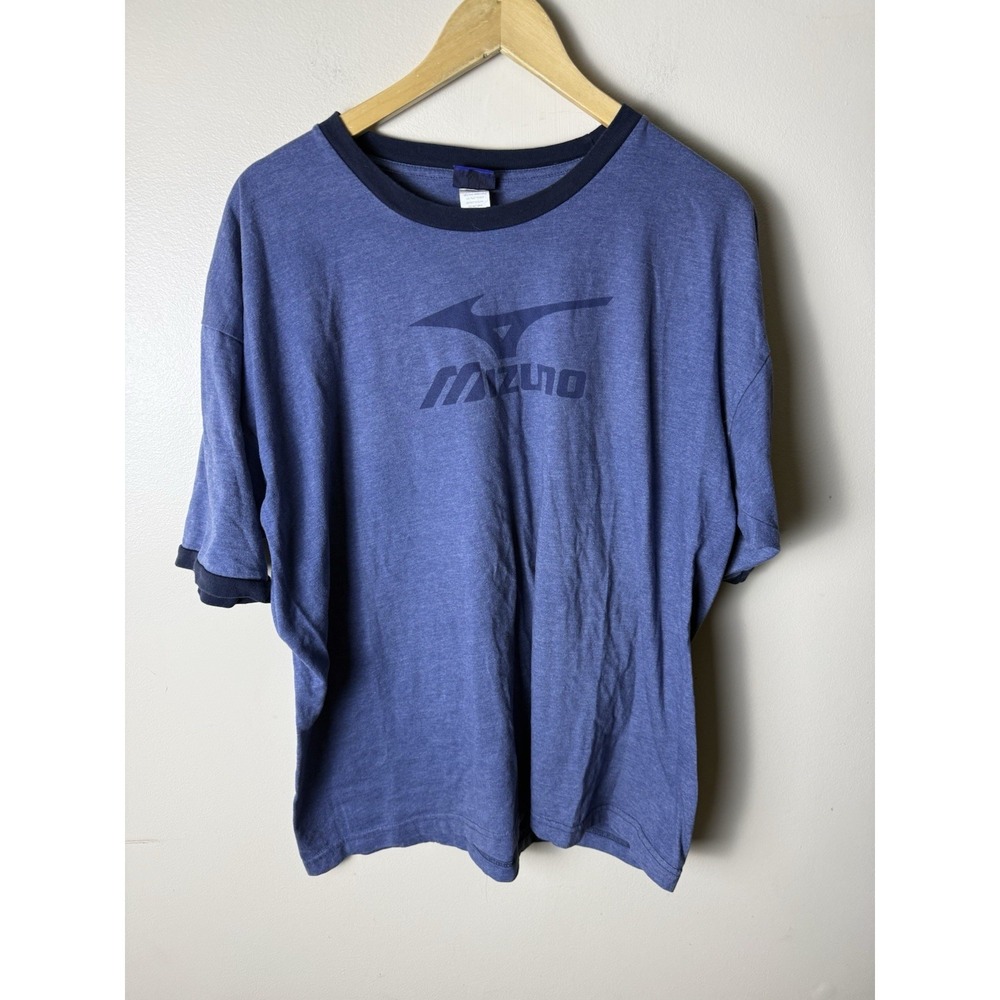 Vintage Mizuno Athletic T Shirt Ringer Mens XL Blue Logo Graphic Made In USA